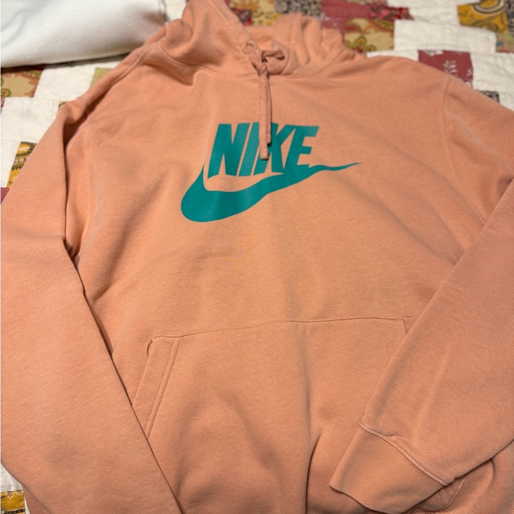 Nike Peach Crewneck Hoodie with Teal Logo